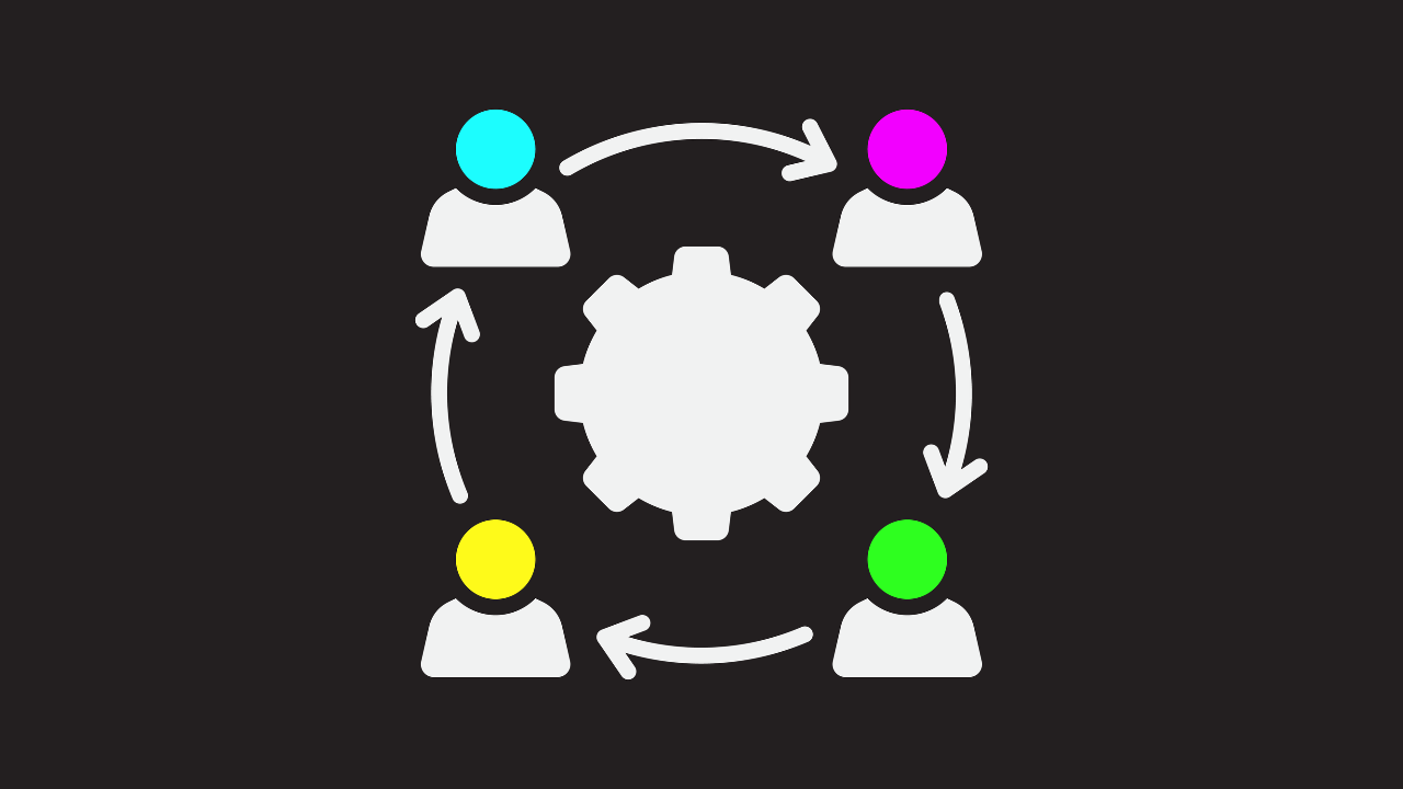 Four colleagues with different coloured heads are collaborating and listening to one another