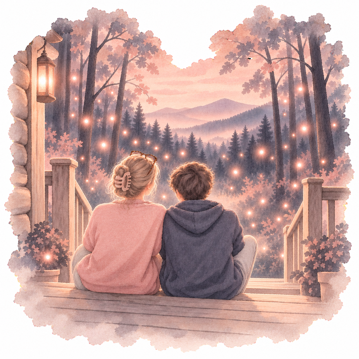 A mom and her son on the porch at dusk, surrounded by fireflies