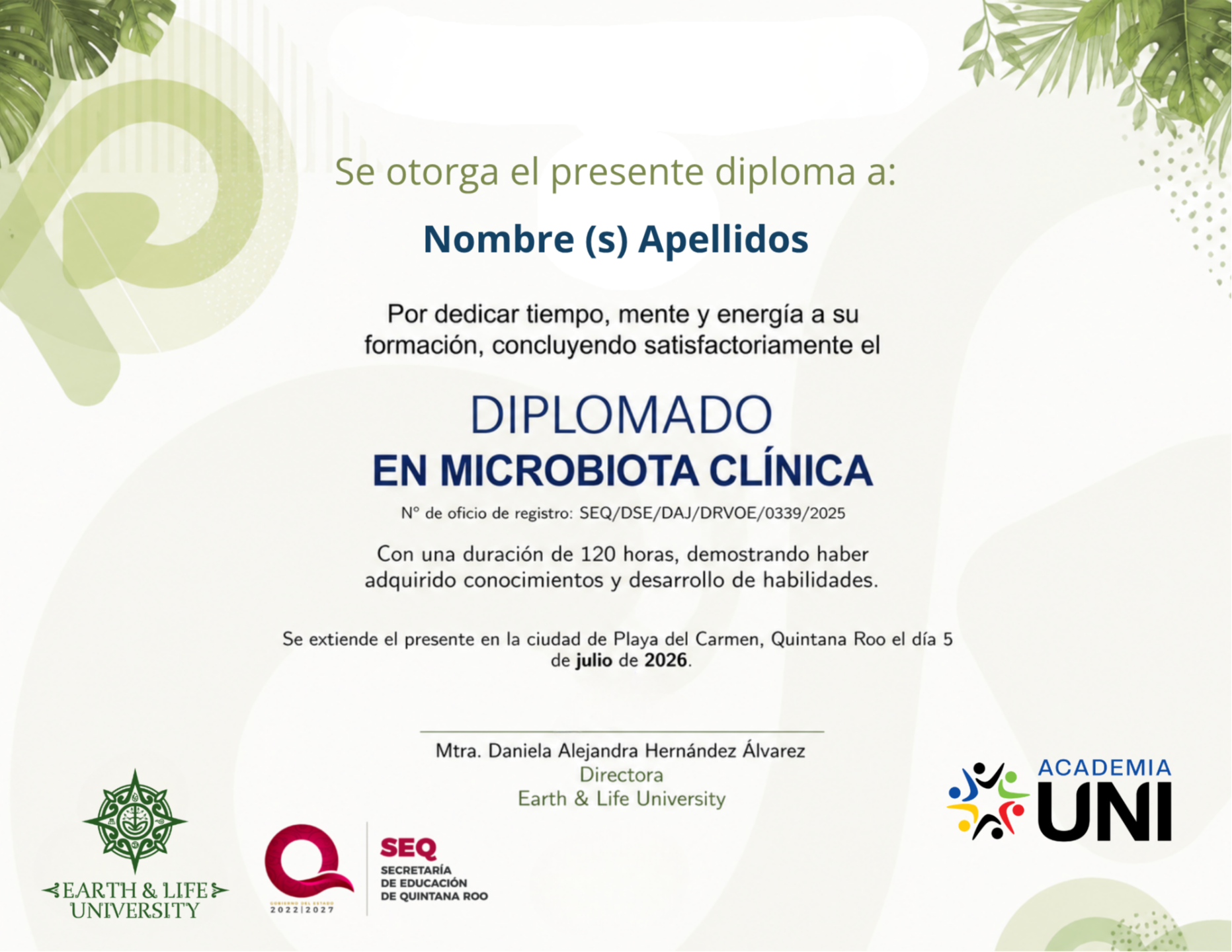 Diploma físico universitario del Diplomado en Microbiota Clínica