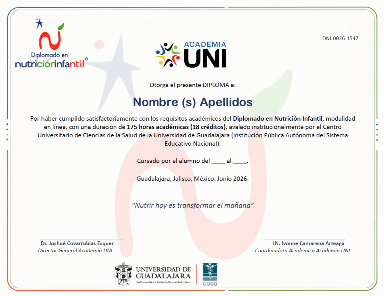 Diploma digital del Diplomado en Nutrición Infantil de Academia UNI