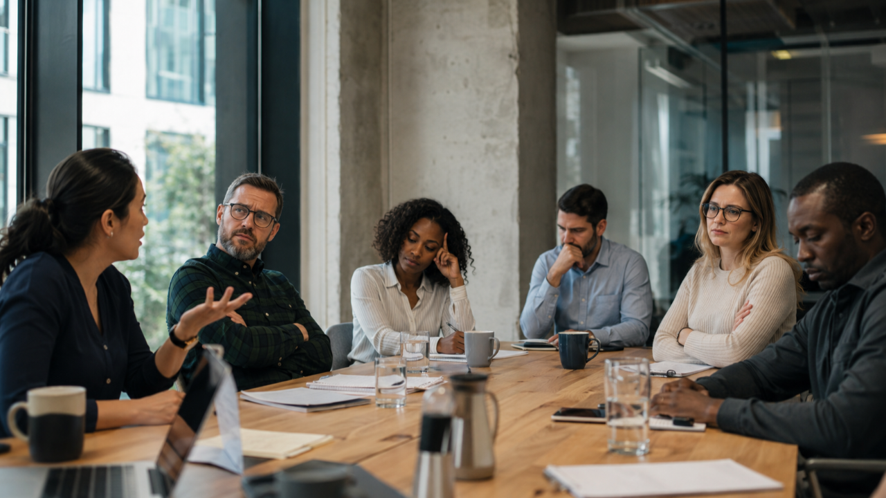 Team avoiding an honest conversation during a workplace meeting
