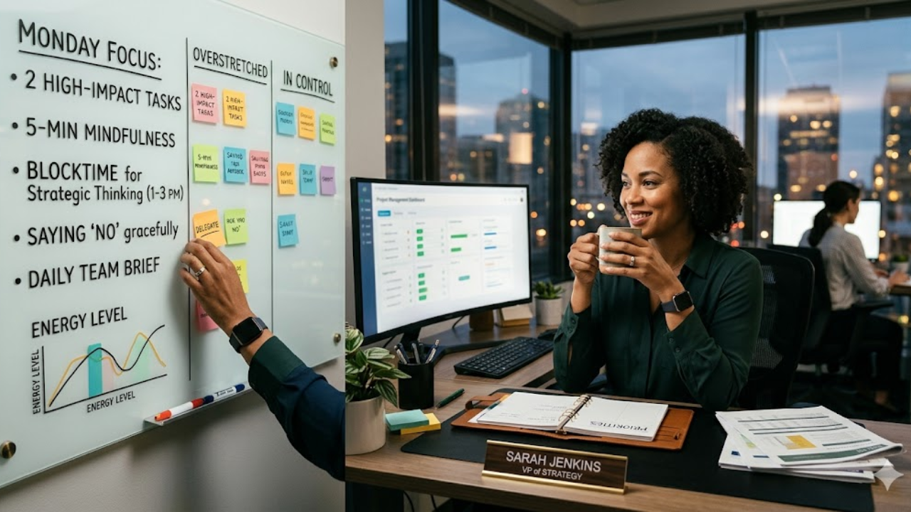 woman in office in control of her workload looking at busy whiteboard