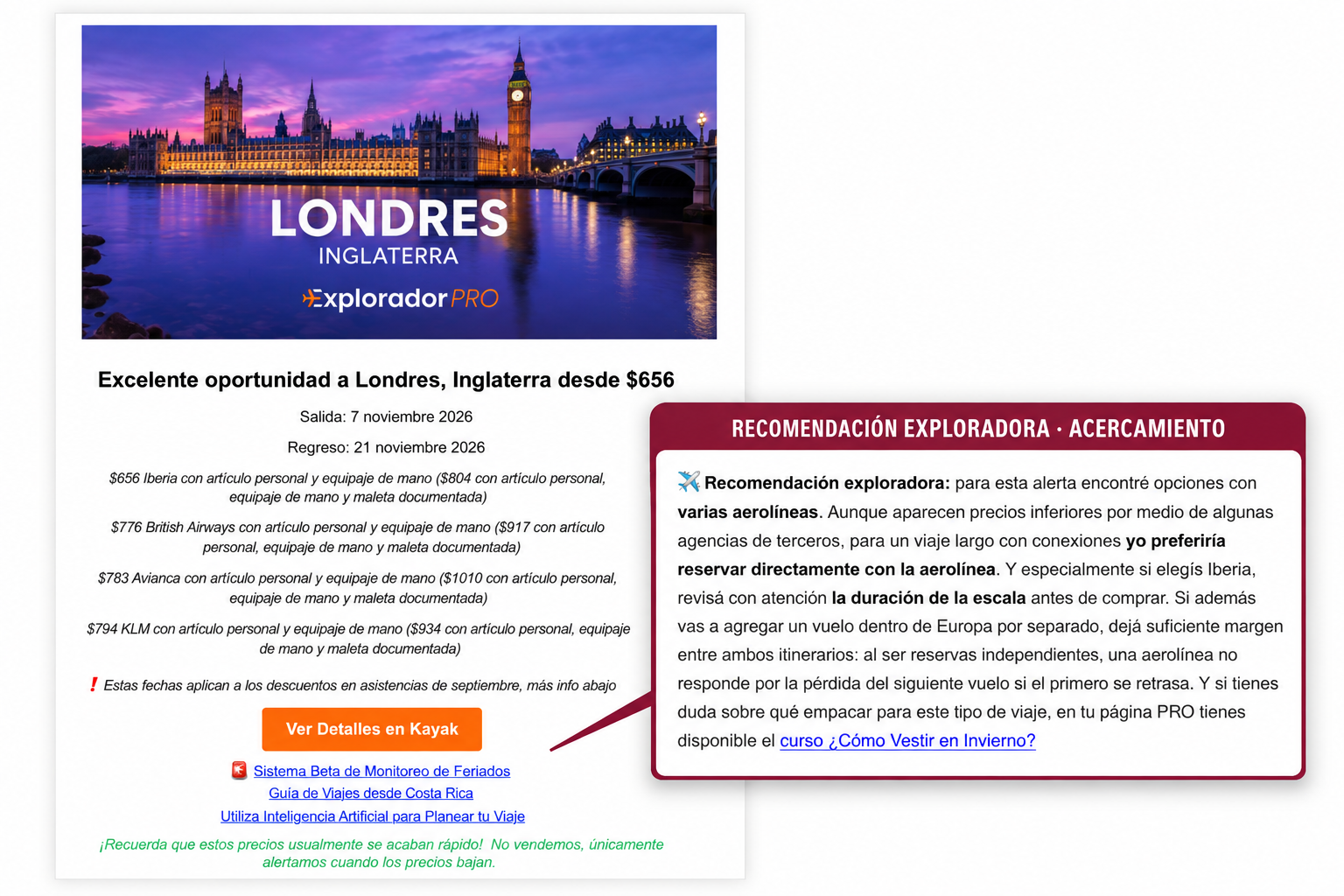 Captura real de una alerta PRO sobre Londres con $656, fechas, Iberia, British Airways, Avianca, KLM, equipaje y recomendación exploradora