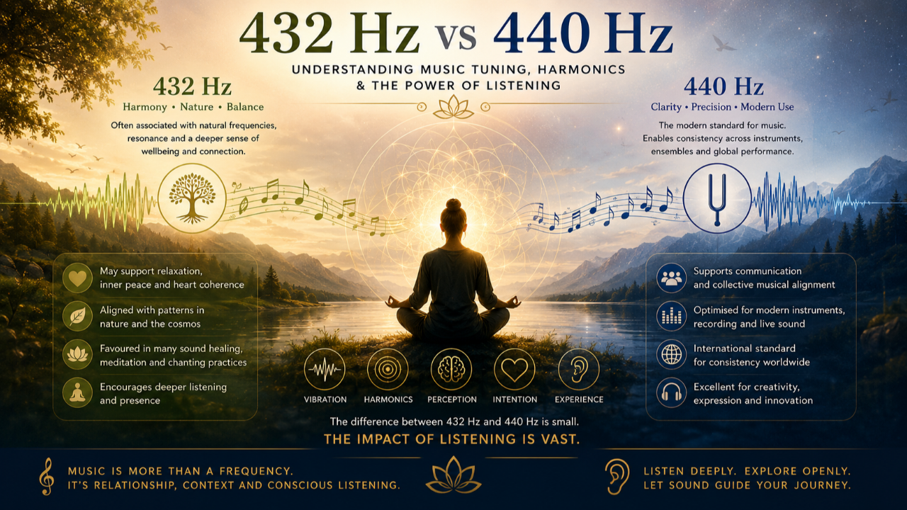 432 Hz vs 440 Hz infographic comparing music tuning, sound healing, harmonics and listening