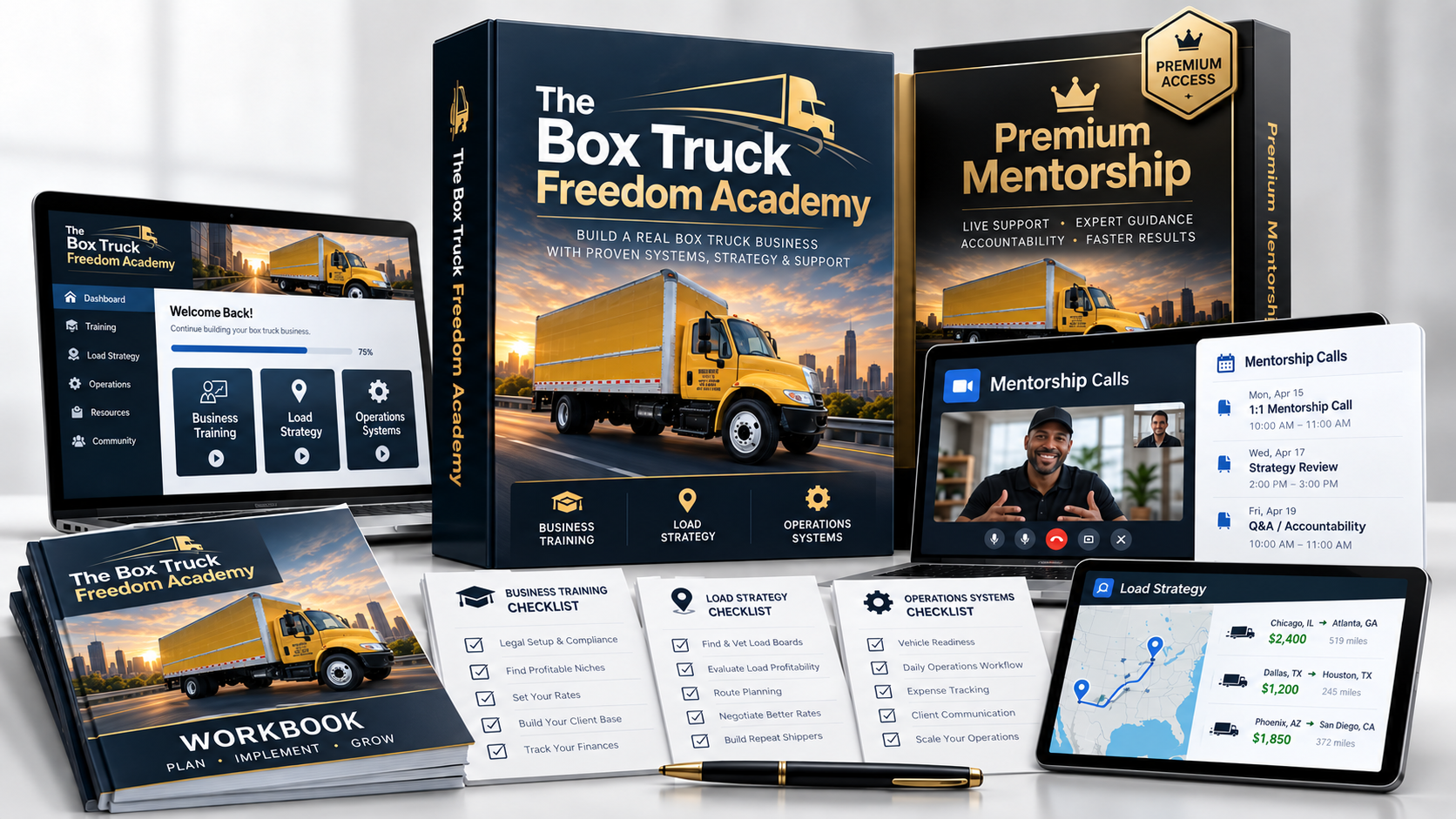 Box Truck Freedom Academy Premium Mentorship product bundle mockup.
