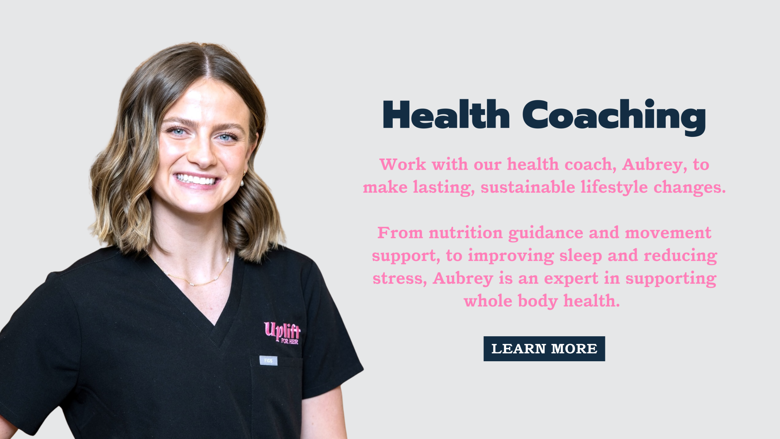 Health coaching services banner Button: Learn More button. Arrows to scroll to the left or right. 