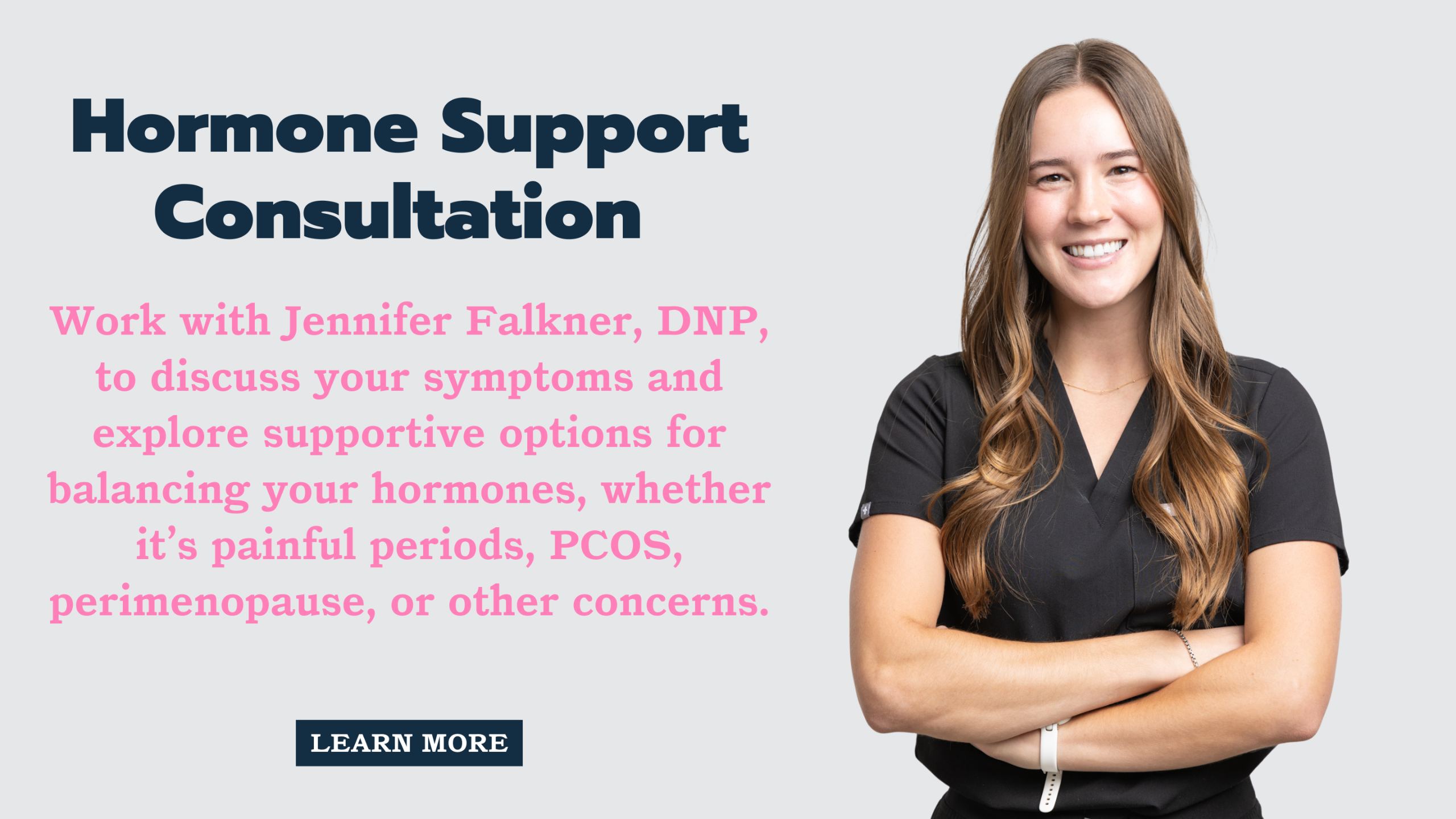 Hormone Support Consultation banner with HRT Button: Learn More button. Arrows to scroll to the left or right. 