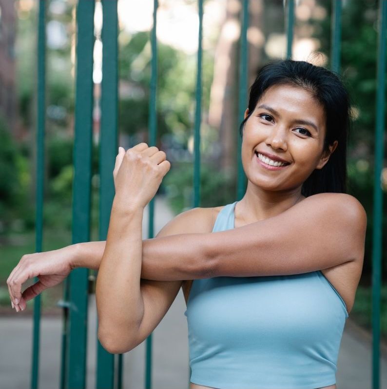 Female stretching her shoulder and upper back, health and wellness check  