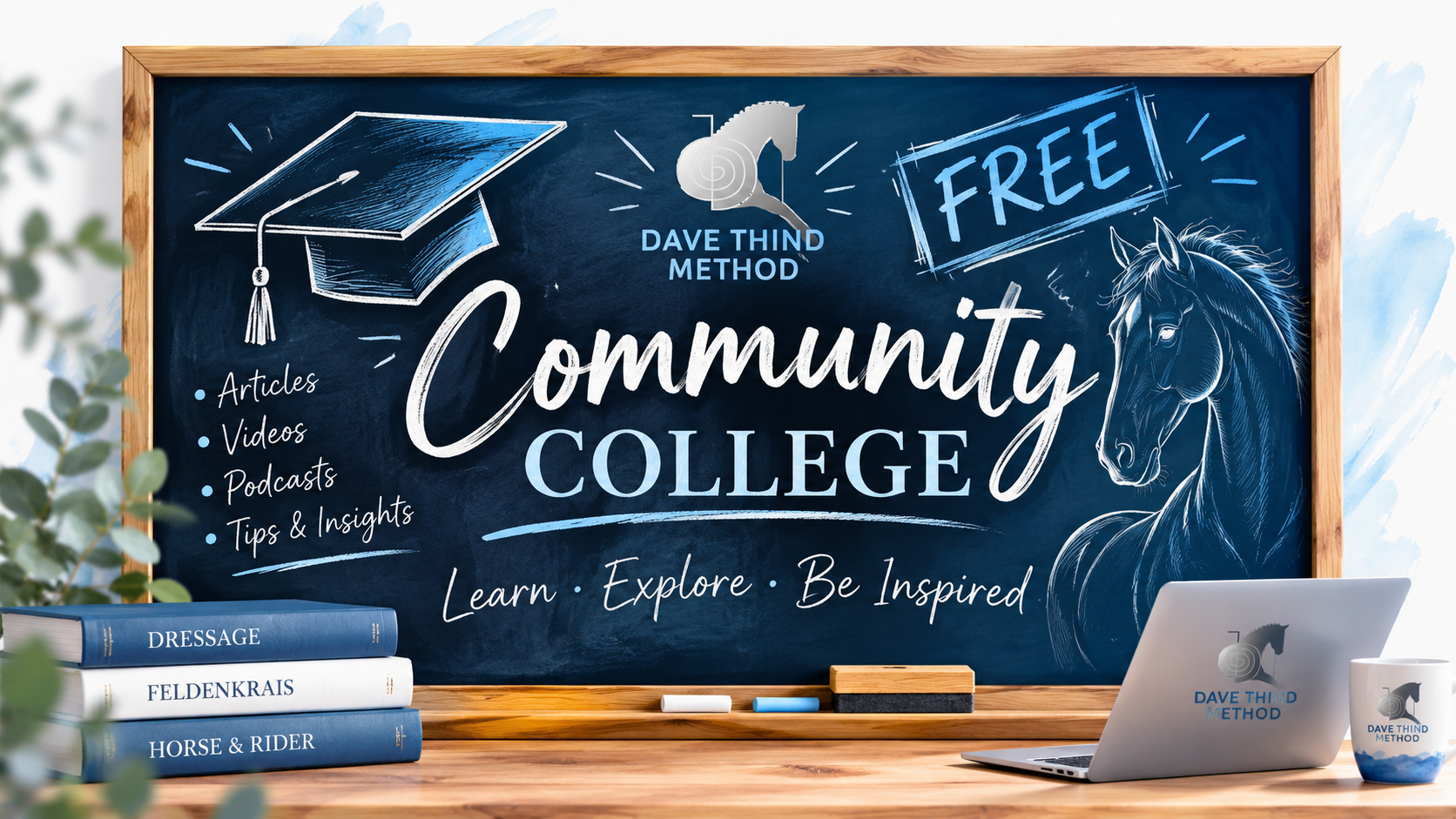 DTM Community College: FREE articles, videos, podcasts and tips, illustrated on a blue chalkboard with a horse, graduation cap, books and laptop