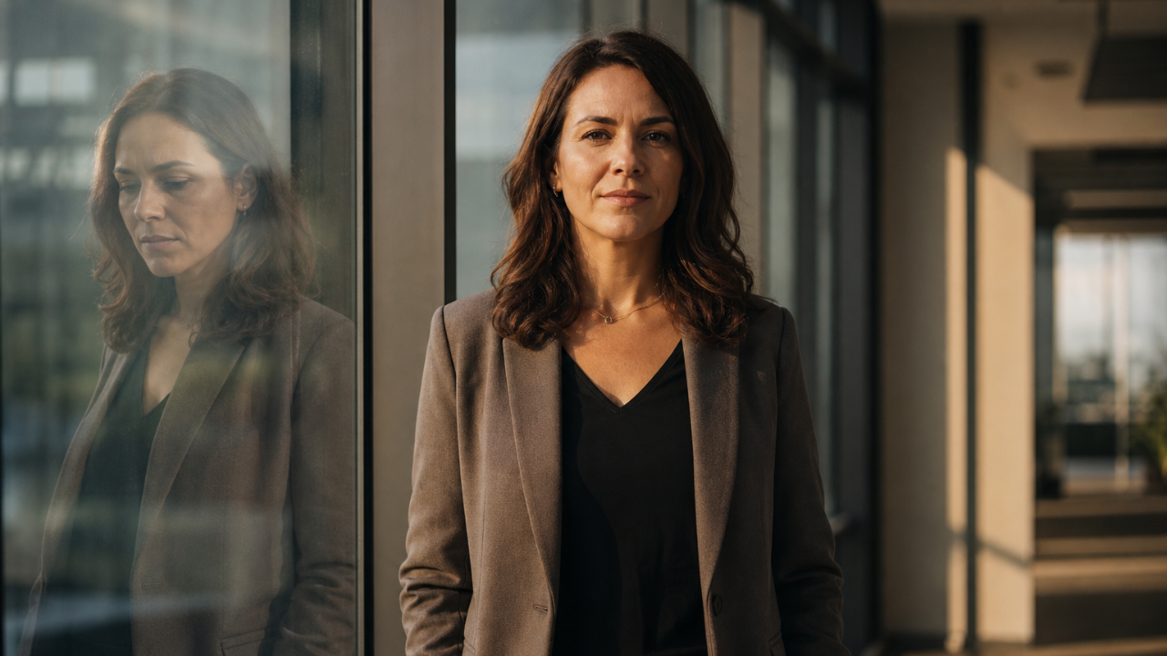 Professional woman standing confidently in a sunlit office hallway with her uncertain reflection visible in the glass wall beside her, representing the inner duality of imposter syndrome.