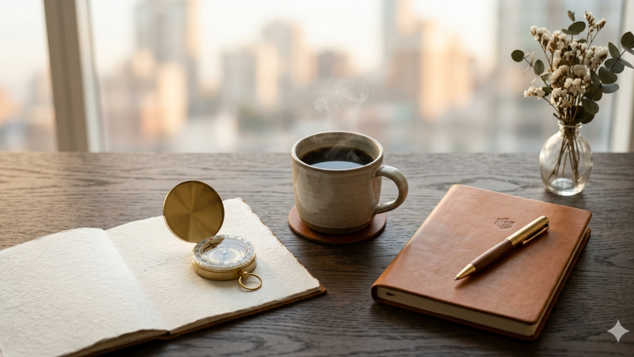 A compass, cup of coffee, a notebook and a pen - all symbolizing support and ease.