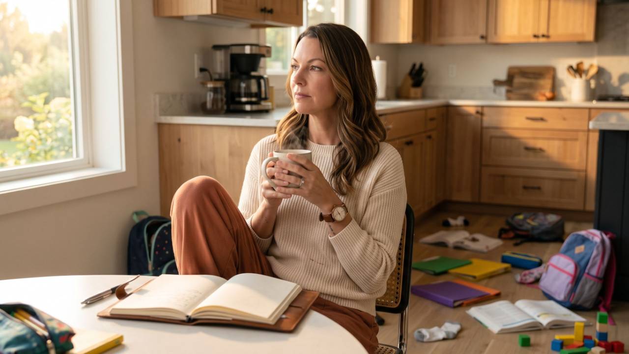 a woman sits alone at the table with back-to-school stuff thrown on the kitchen floor, symbolizing the chaos that comes with the back-to-school season.