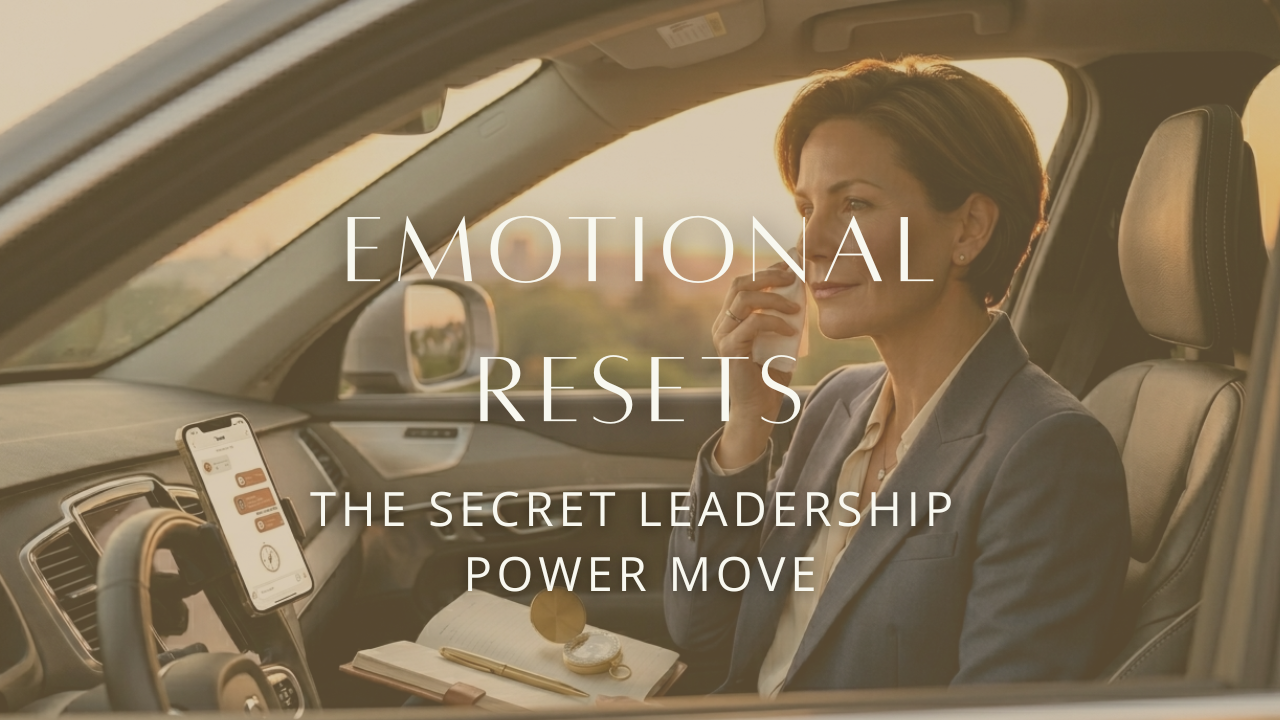 A candid, high-end photograph of a professional woman in a parked car at sunset. She is sitting in the driver's seat, looking out the window with an expression of quiet relief and reflection. The lighting is soft and warm. It represents the 'emotional reset' moment without being overly dramatic.