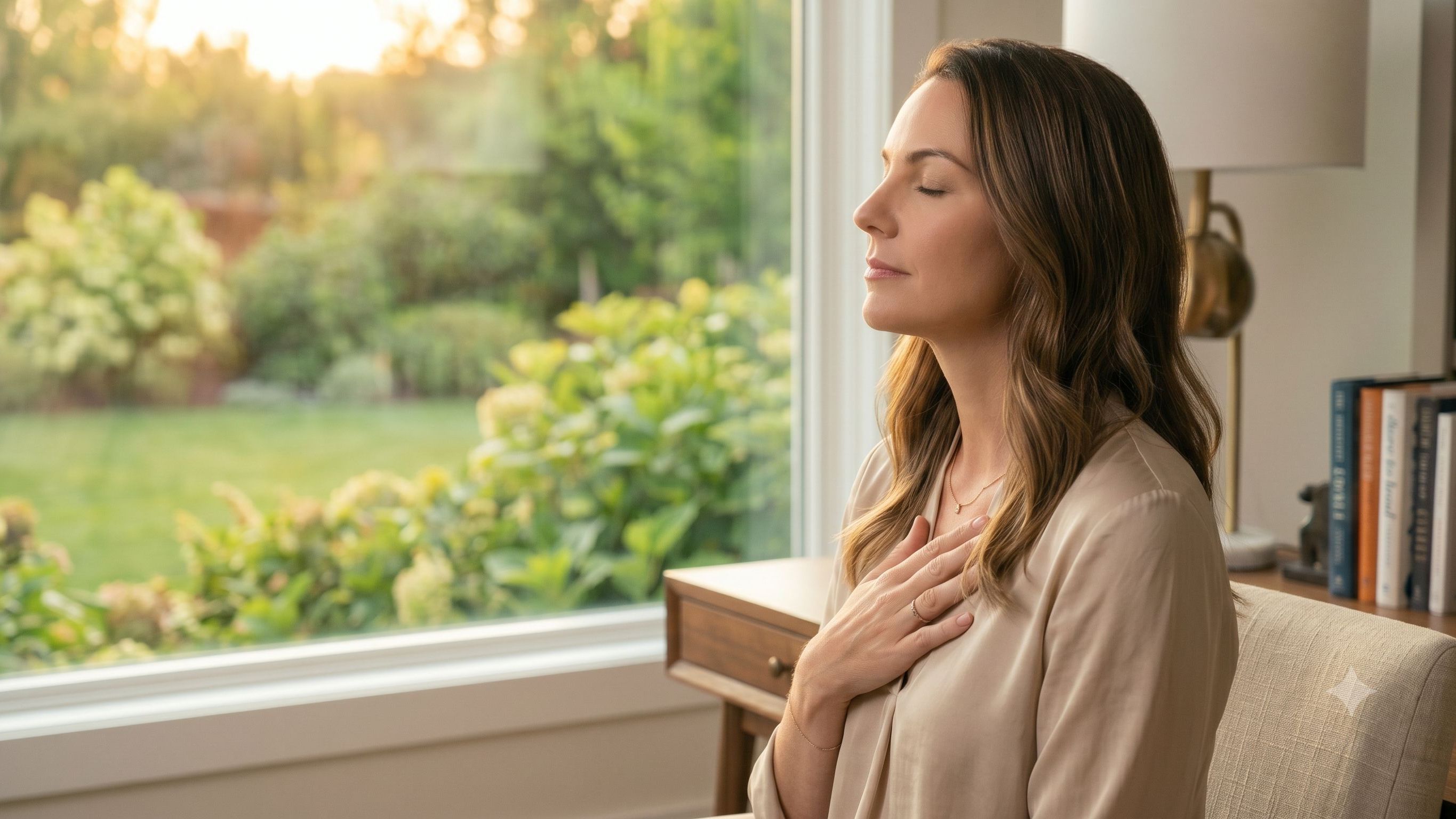 A woman with her eyes closed and one hand on her chest takes a slow breath at her desk, representing intentional nervous system regulation and vagal tone activation for working professionals.