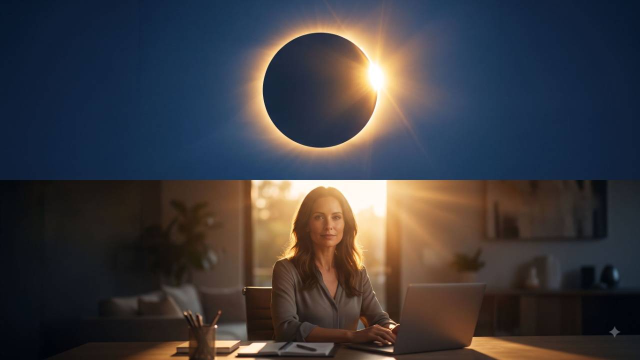 Total solar eclipse totality with brilliant corona and the 'diamond ring' effect flash of light, representing Aimee Altomare's metaphor that a working mom's dark season is temporary eclipse, not a permanent burnout.