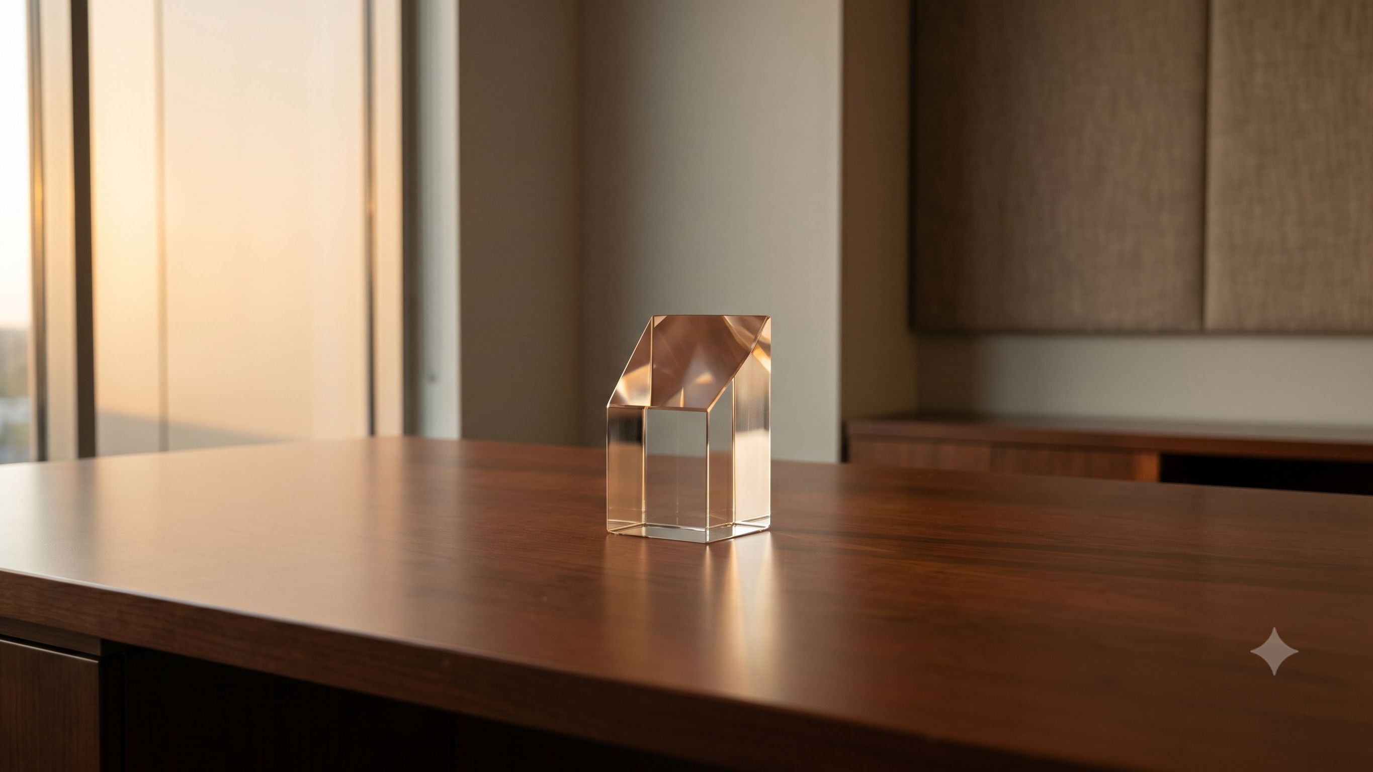 A crystal award sitting alone on an elegant but empty desk, representing the unexpected hollowness that can follow a major career achievement or promotion.