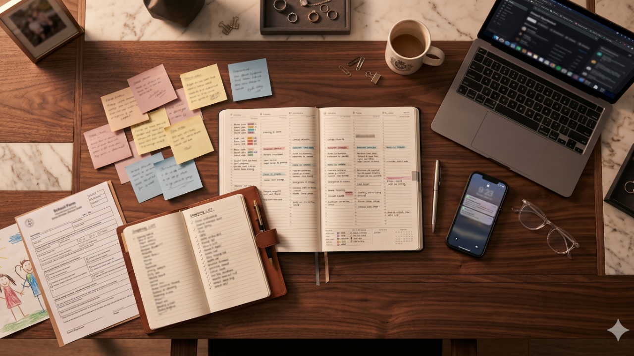 An overhead view of a desk covered in a planner, sticky notes, a smartphone, a child's school form, and a laptop, representing the invisible mental load carried by high-achieving working moms.