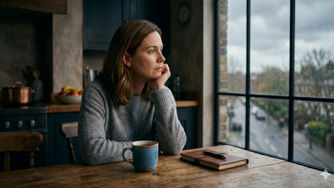A woman sits alone at a kitchen table on a Sunday afternoon, looking out at an overcast sky with a contemplative expression, representing the quiet dread of Sunday anxiety before the work week.