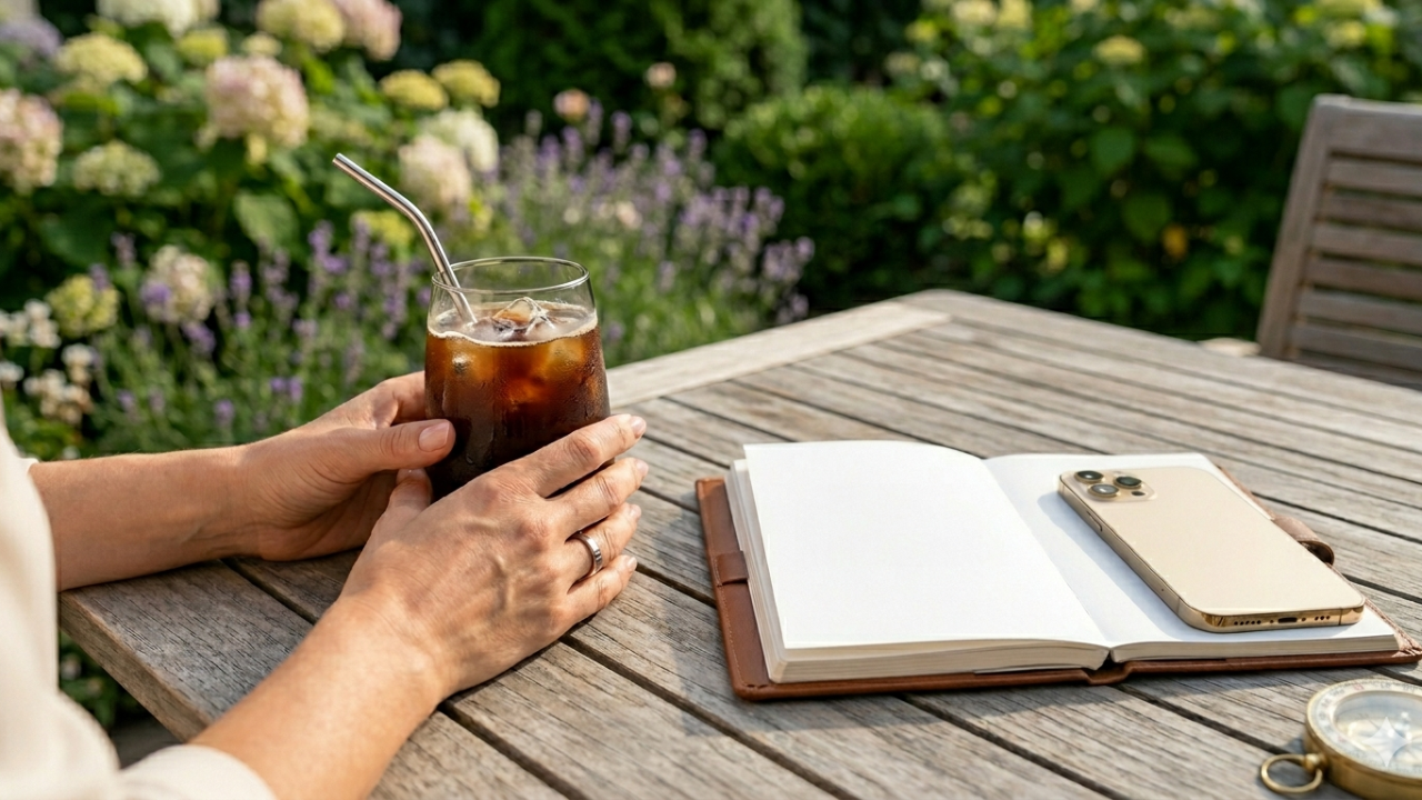 A professional woman reviews her planner at a quiet desk during summer, representing an intentional leadership reset for working parents.