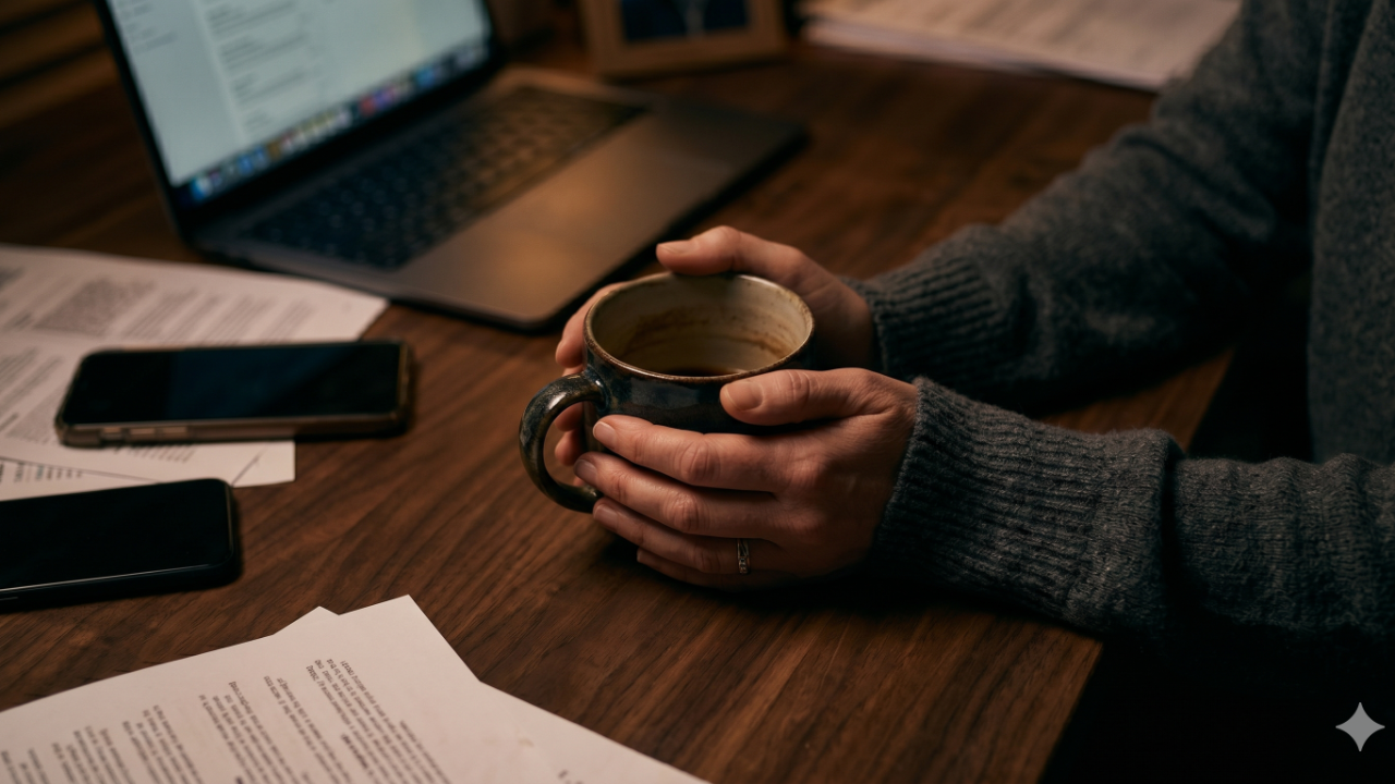 A pair of hands wrapped around an almost-empty coffee mug on a desk scattered with work materials, representing the quiet, chronic exhaustion of burnout in corporate life.