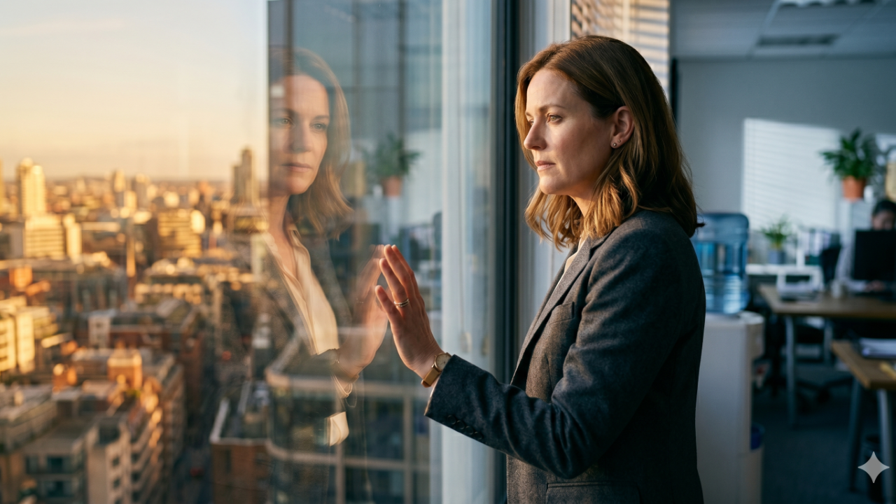 A professional woman in a blazer stands at a large office window looking out at the city, representing the quiet crossroads moment of deciding whether to stay in or leave a corporate career.