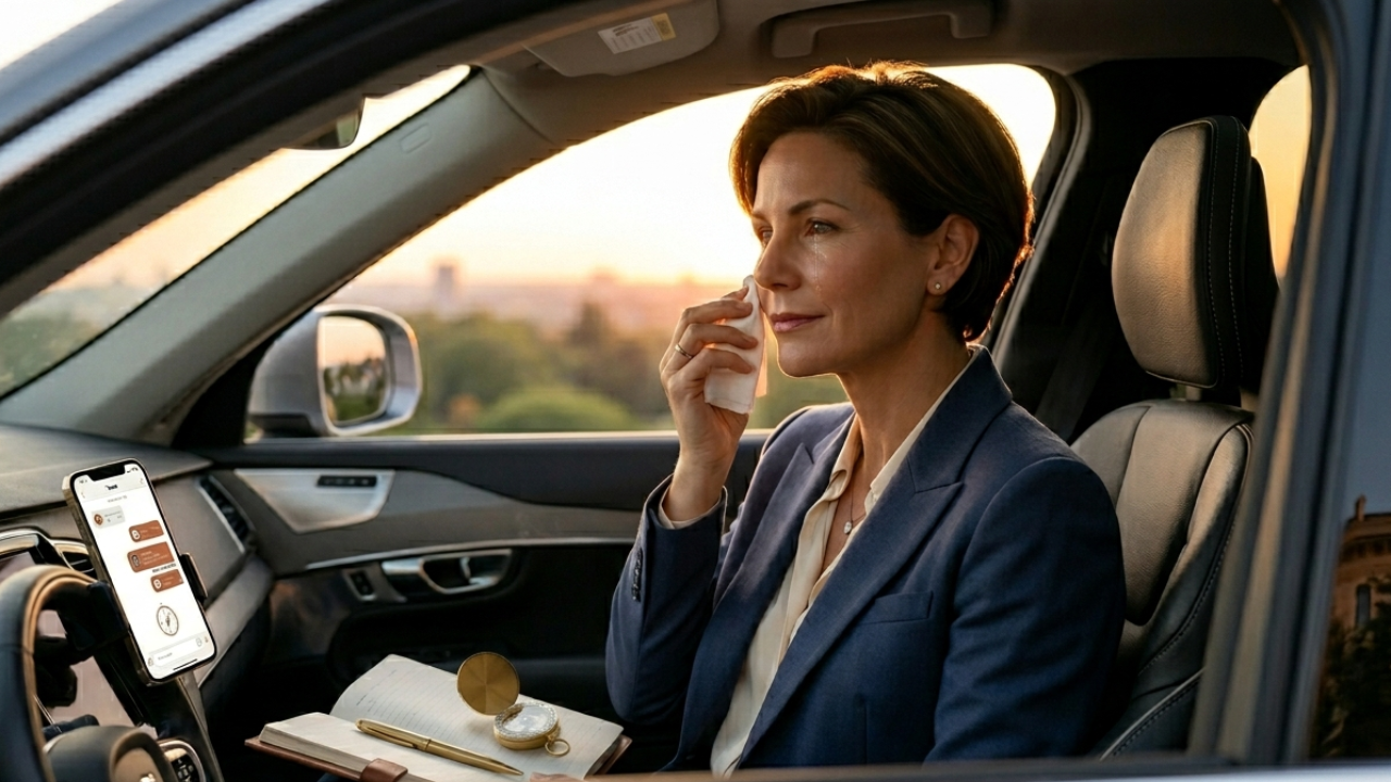 A professional woman sits alone in a parked car at sunset, looking out the window in a moment of quiet emotional release — representing the emotional reset that working moms need to keep going.