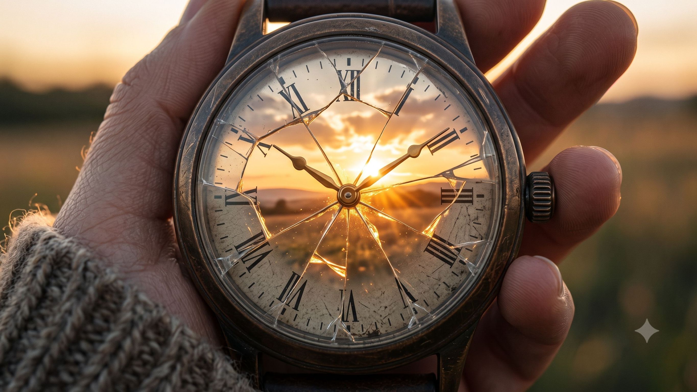 A cracked watch face set to 10:10 with a warm sunrise glowing through the fractures, representing breaking free from the perfect template of success.