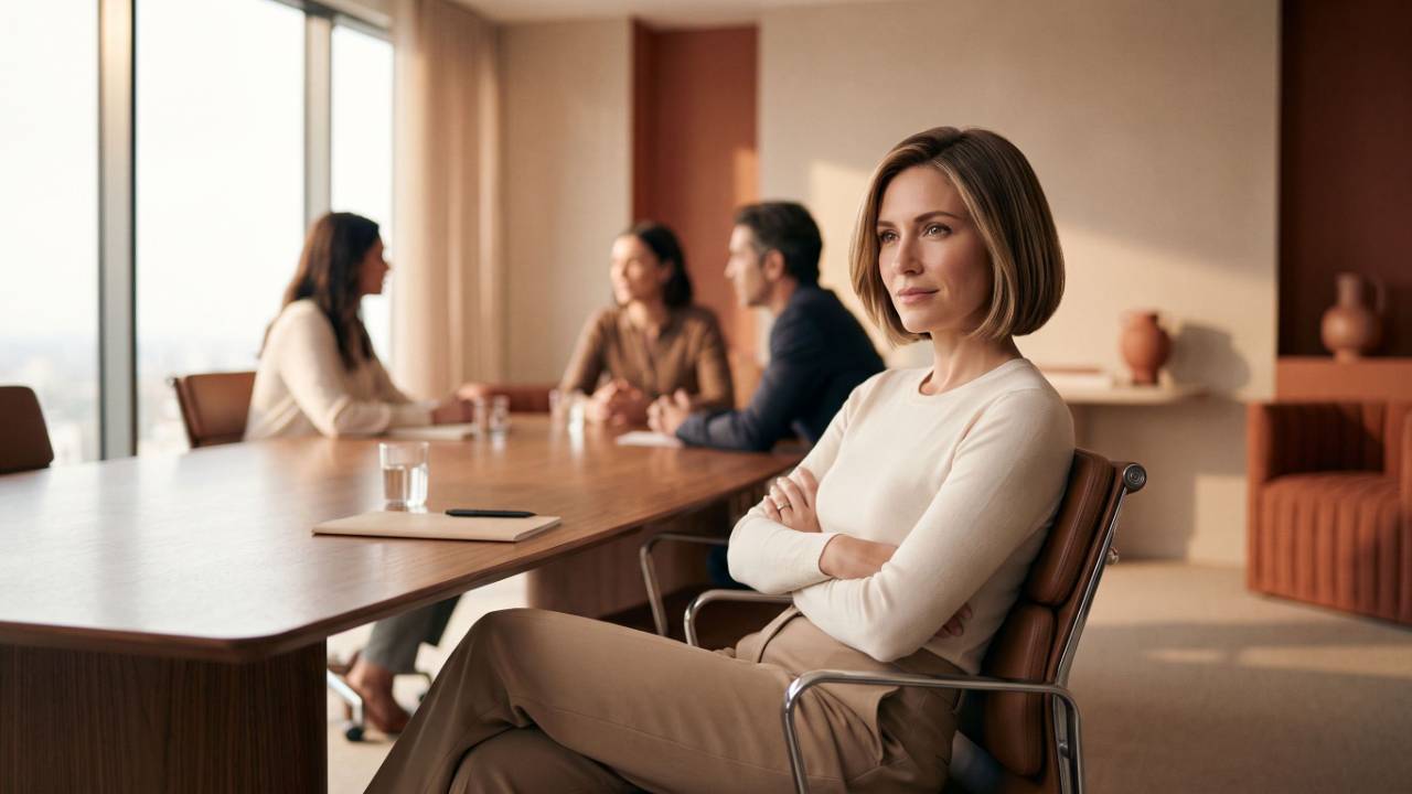 A professional woman sitting calmly at a conference table while colleagues talk, representing the quiet confidence of setting boundaries at work.