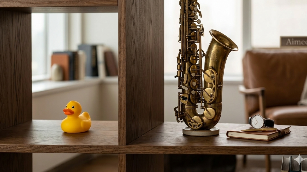 A wooden shelf with a saxophone and a rubber duckie set aside, symbolizing the choice to say no to what doesn't matter in order to say yes to meaningful work.