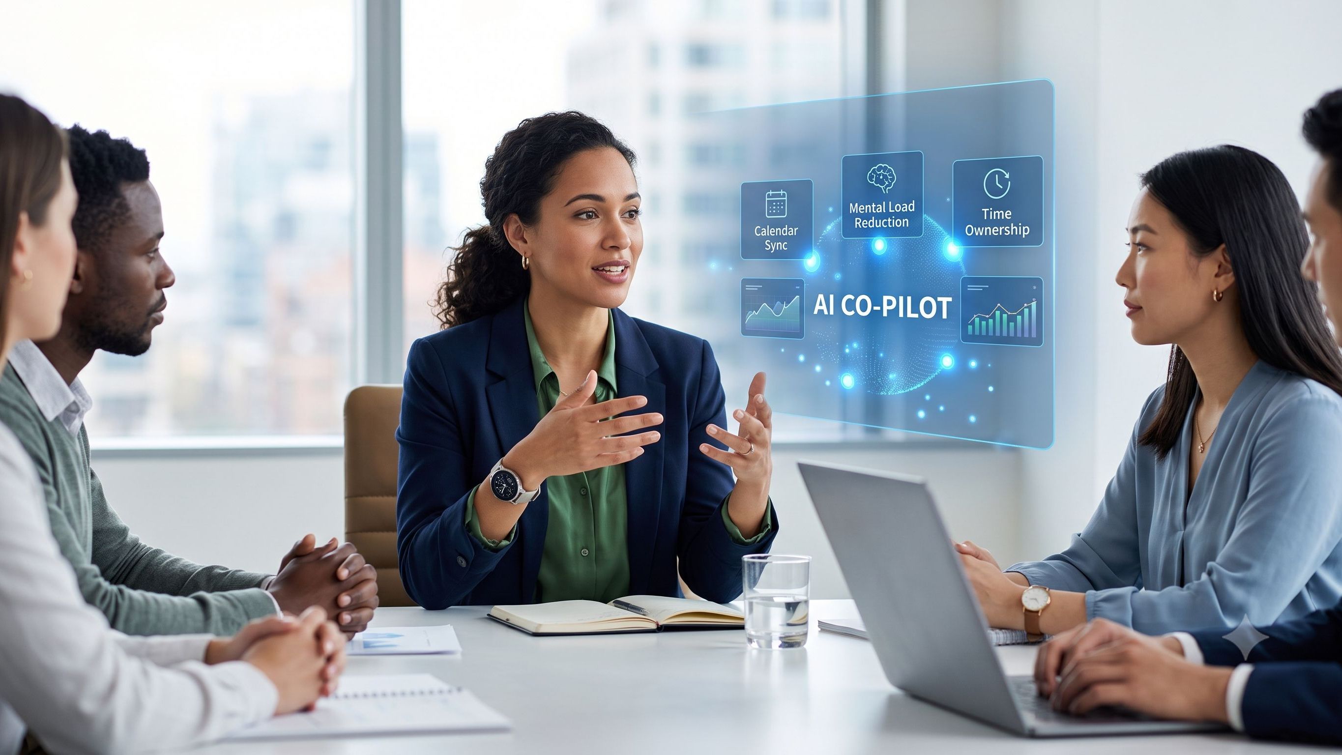a human manager using an "AI CO-PILOT" graphic, specifically featuring icons for "Time Ownership" and "Mental Load Reduction". This supports the message that for working moms, AI isn't job displacement—it's time management.