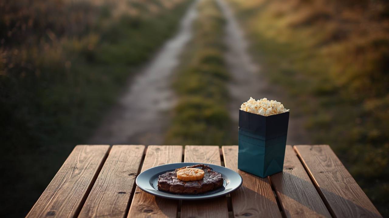 Steak and popcorn on a picnic table with a path in the background, symbolizing a choice between the familiar and the unknown