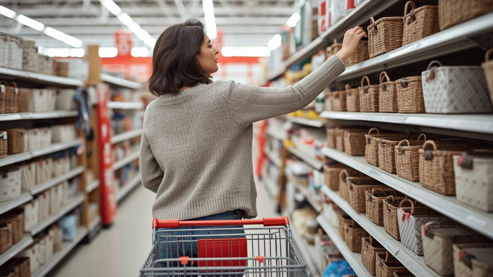 Woman standing in a home organization store holding storage bins, illustrating external coping habits versus true nervous system regulation