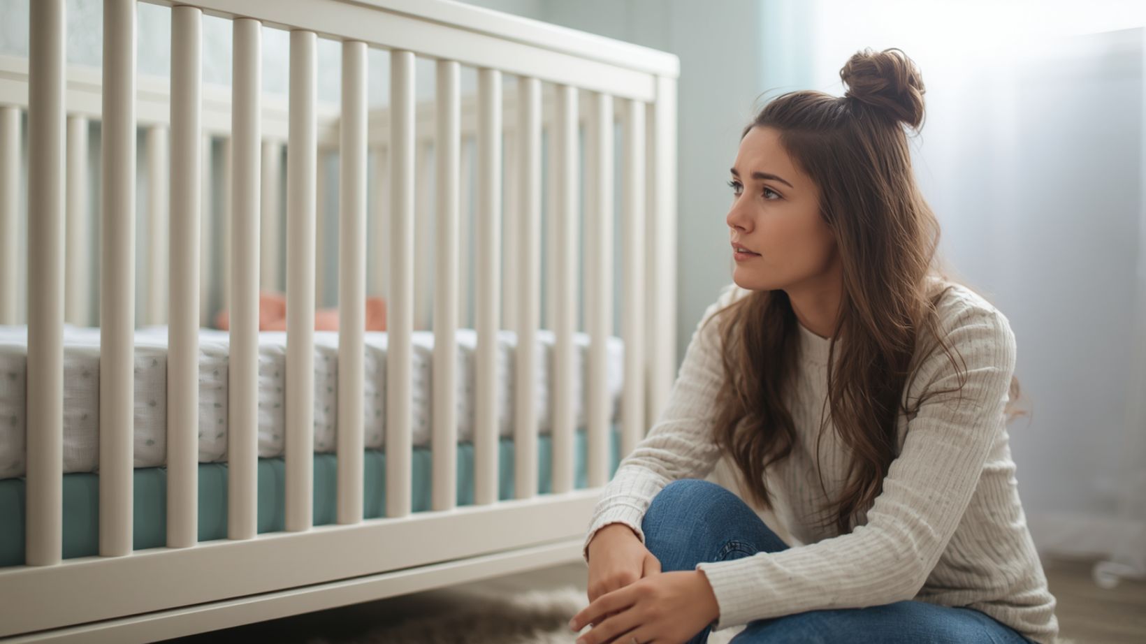 A new mother sits thoughtfully in a bright nursery, looking at items near the crib in soft natural light.