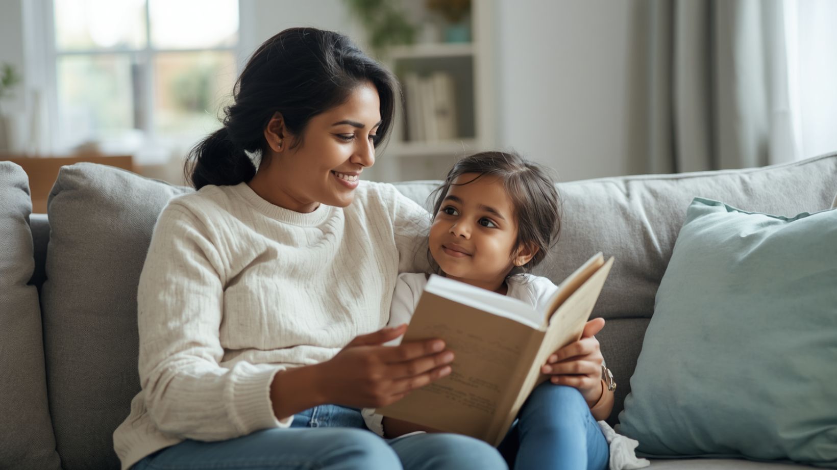 A parent sits closely with a young child in a bright airy living room, both looking at each other with warmth and connection.