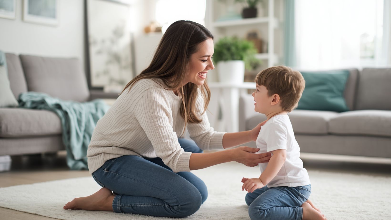 A mother kneels to meet her young child at eye level in a bright airy living space, both sharing a warm smile in soft natural light.