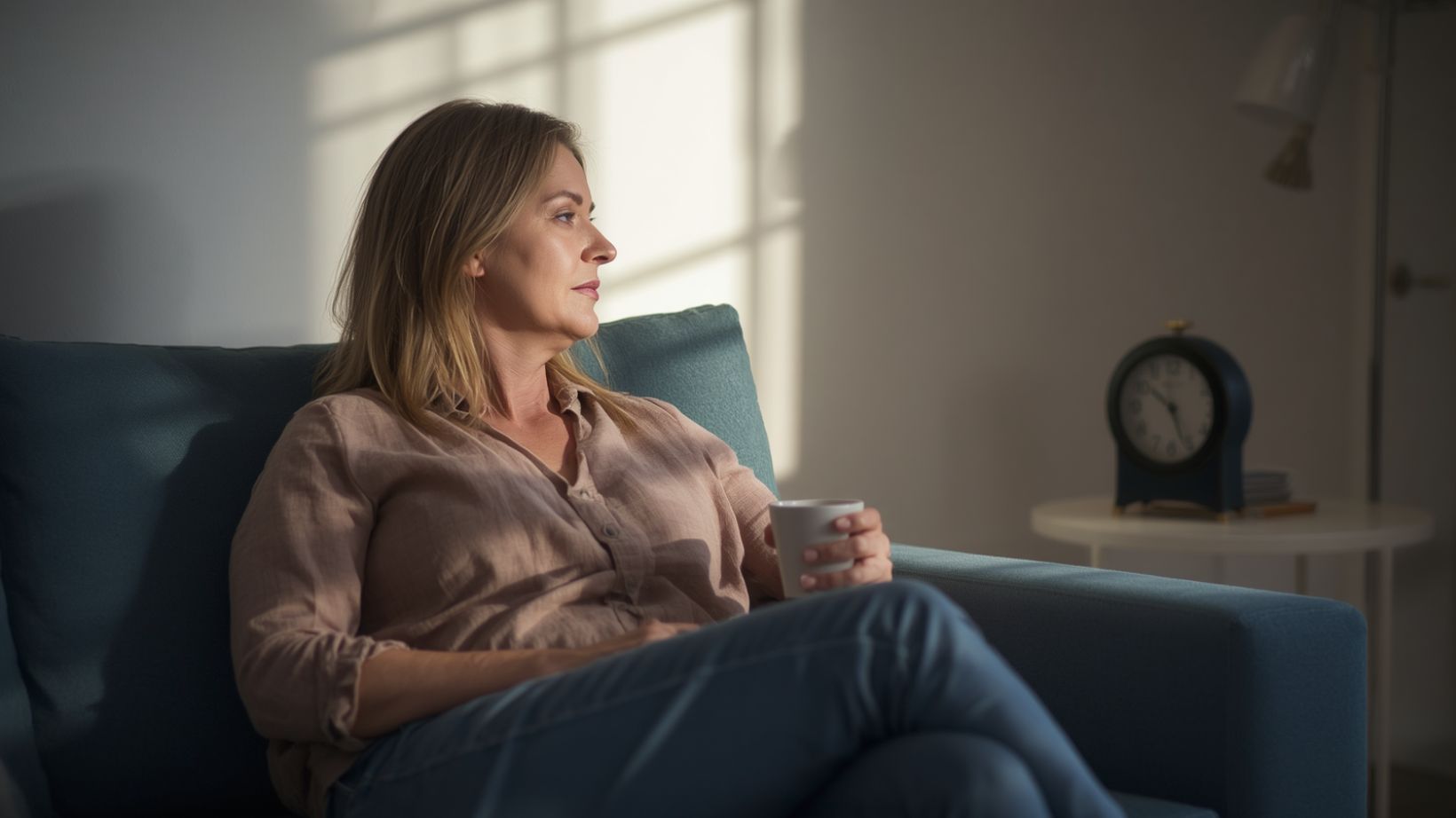 Mother sitting alone in a quiet living room, looking uneasy during a rare moment of free time