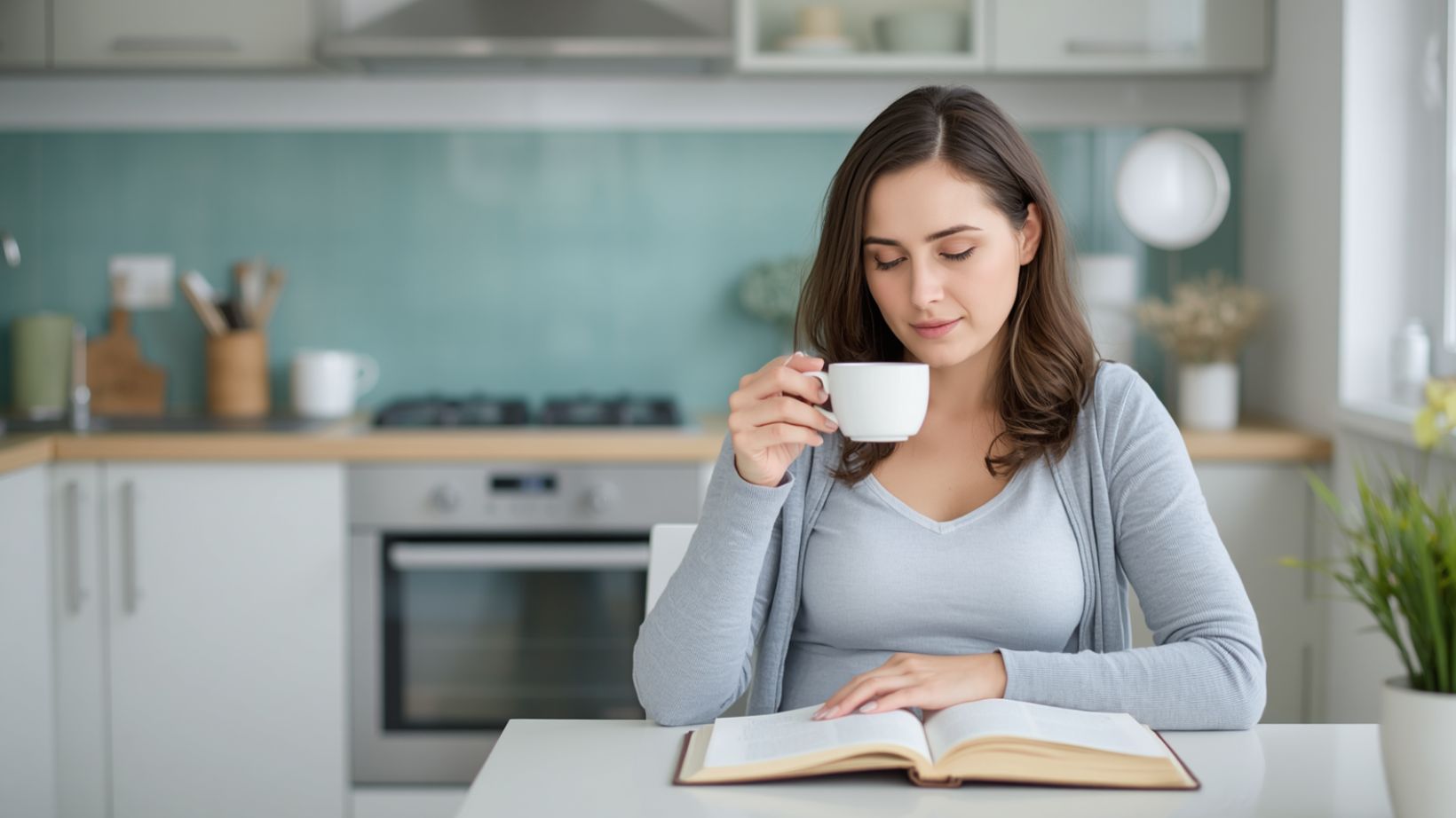 A pregnant woman sits at a bright kitchen table with a cup of tea, looking thoughtfully at an open book in soft natural light.