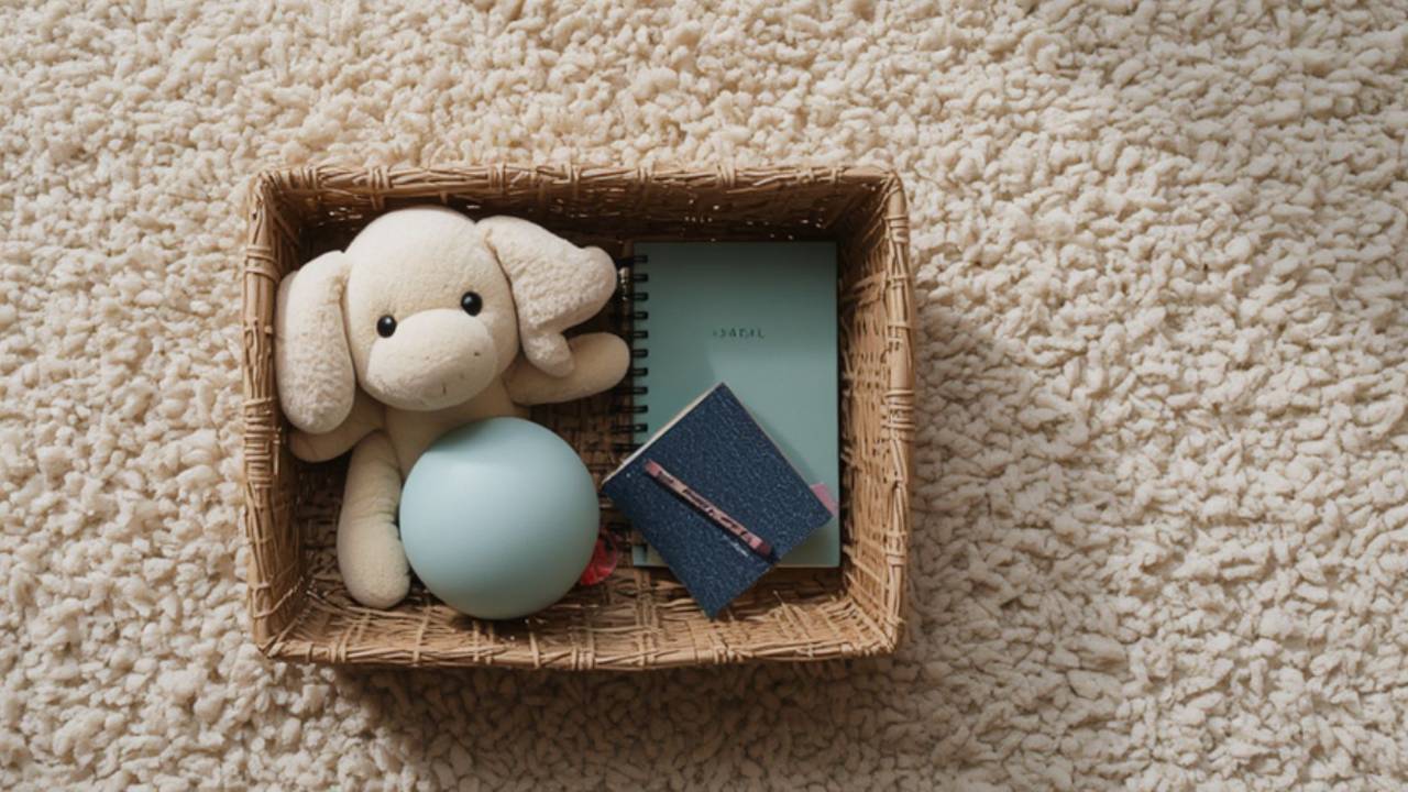 Woven basket with calming items for kids — a stuffed animal, journal, crayons, and stress ball — on a cozy carpet