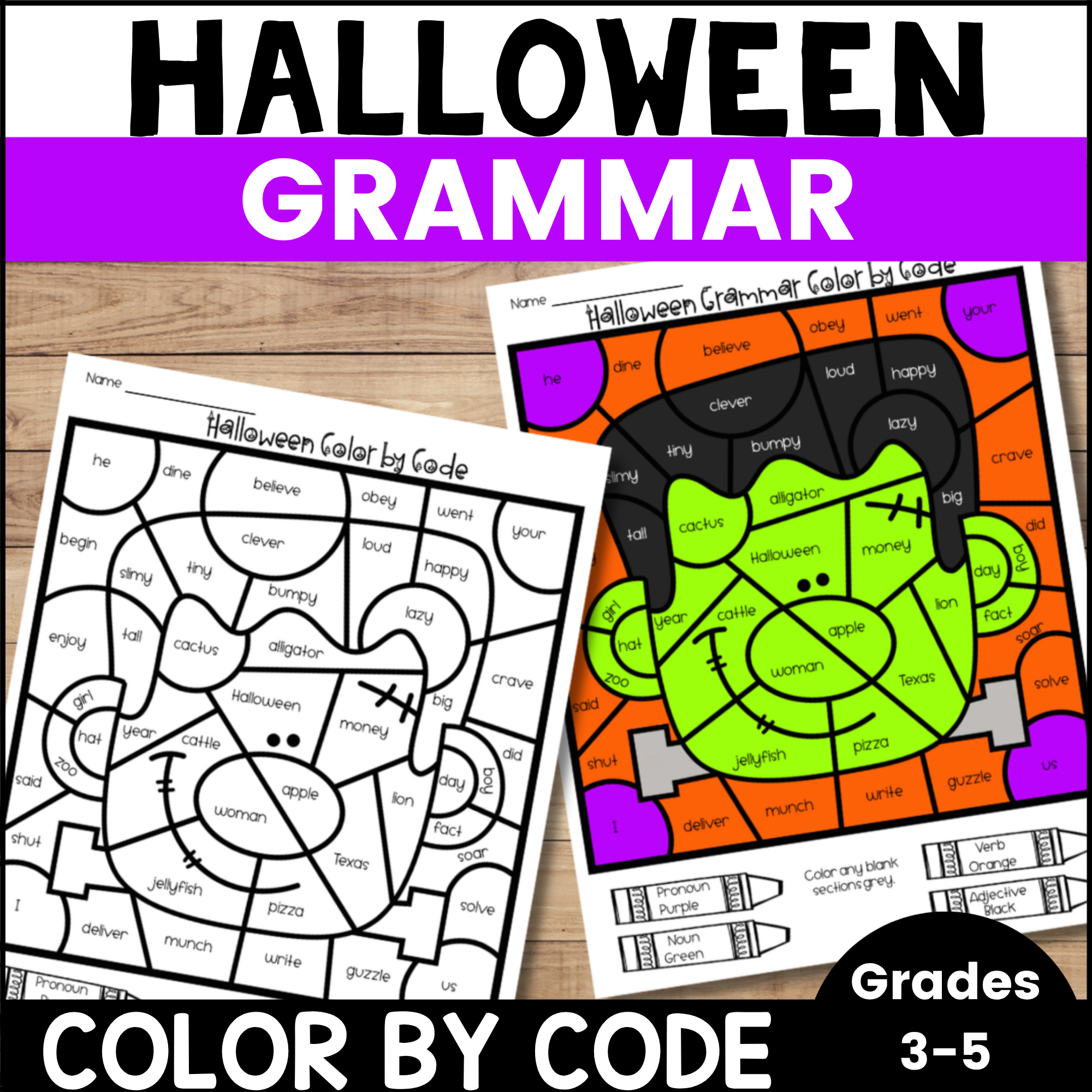 Halloween Grammar Color by Code cover, grades 3 to 5