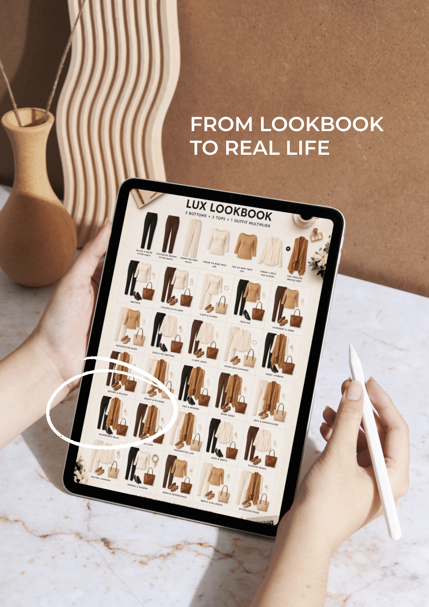 The LUX LOOKBOOK on an iPad with one outfit circled, from Lookbook to real life