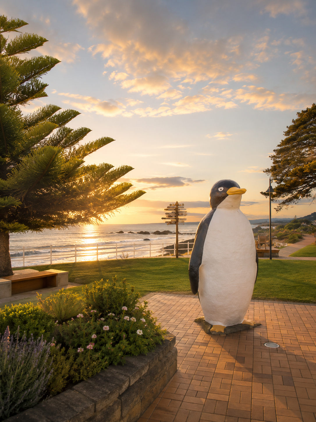 The Penguin statue on the Penguin, Tasmania waterfront at sunrise
