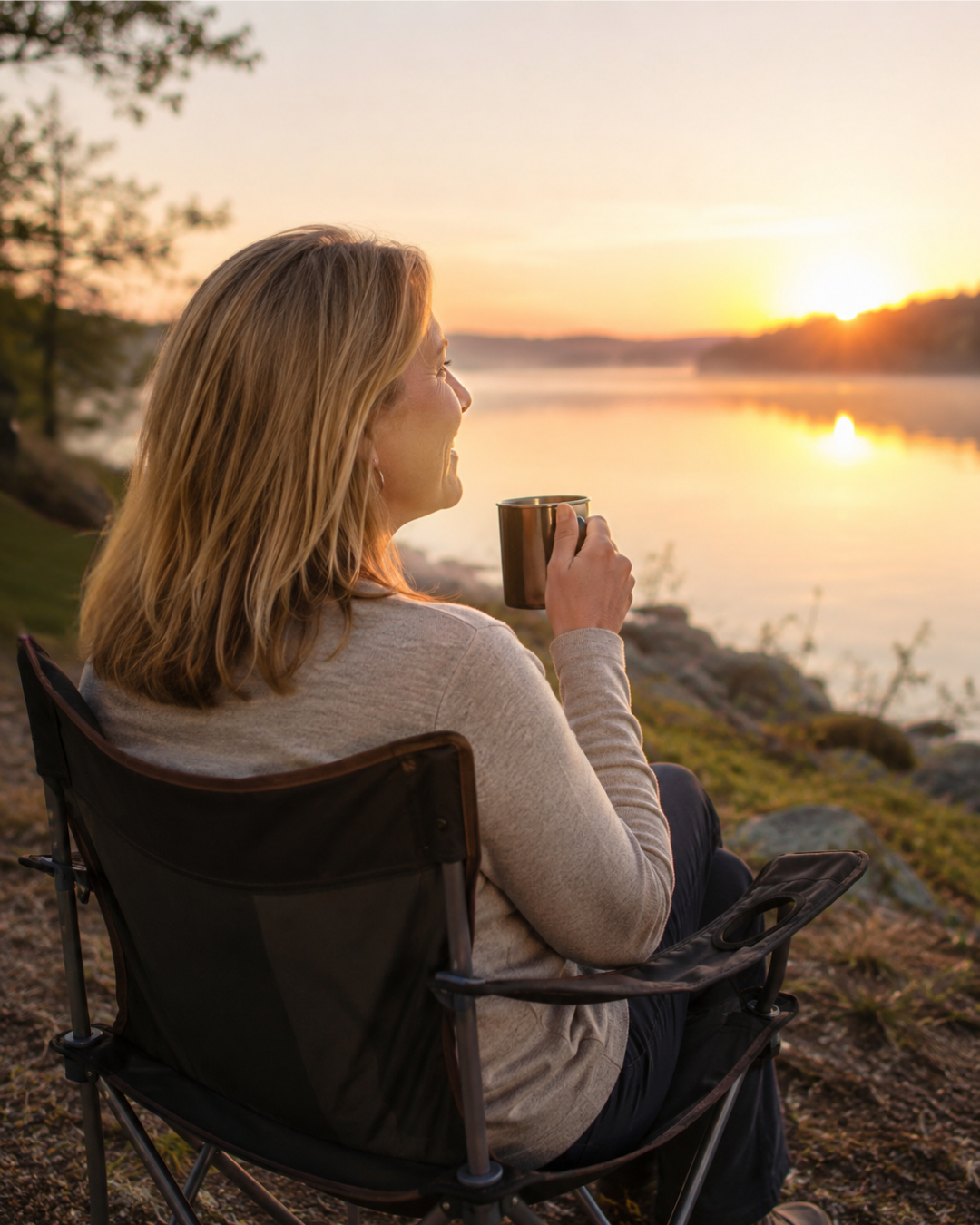 Heather sitting quietly by the river at sunrise