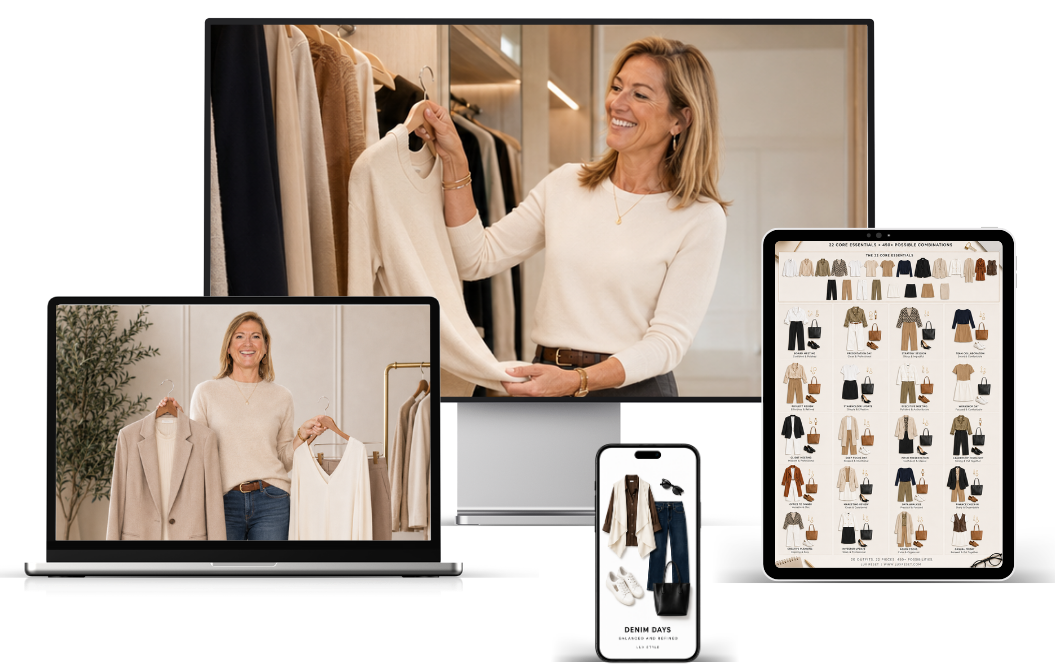 The LUX Curated Closet course shown across a tablet and phone