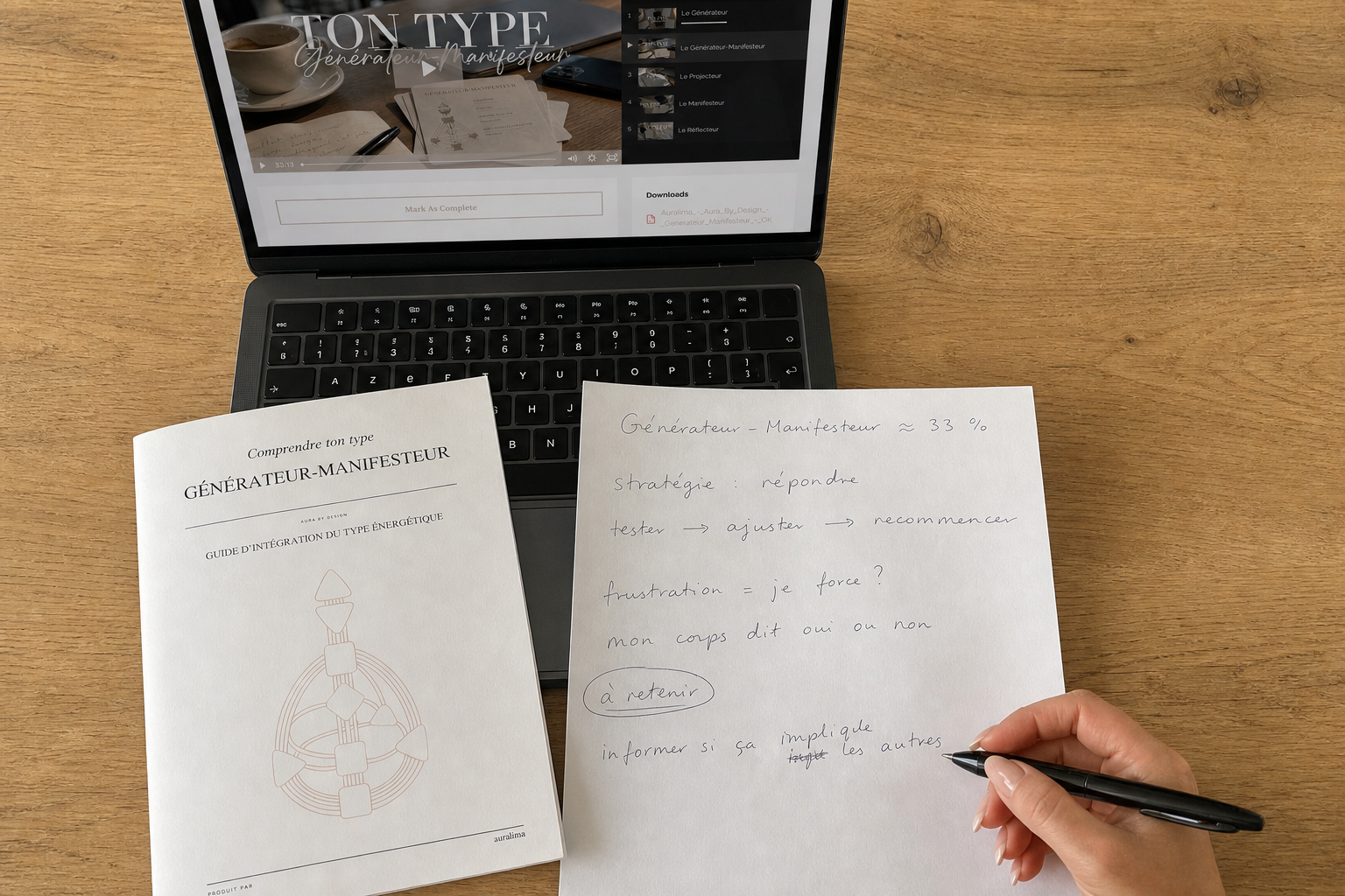 Aura by Design sur ordinateur avec un guide et des notes