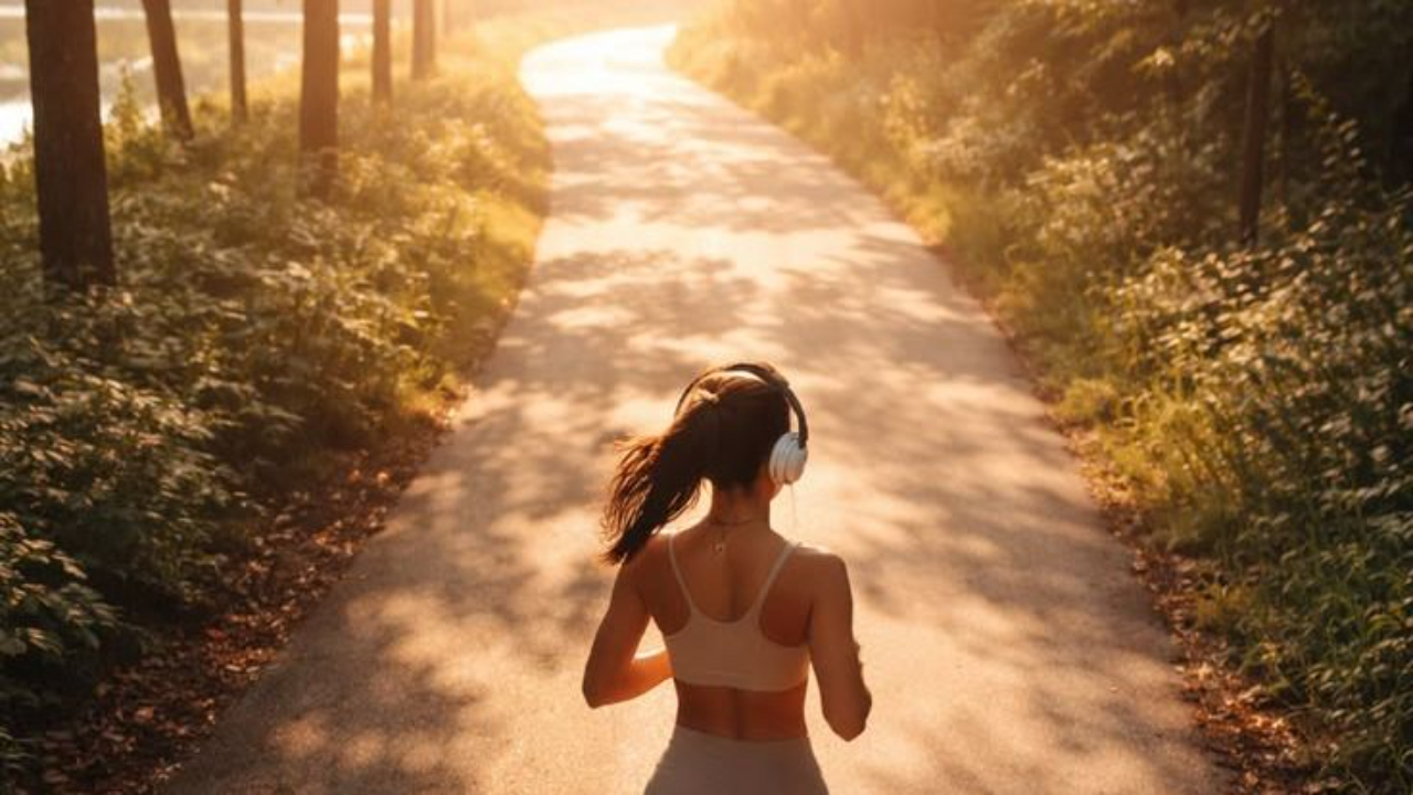 Woman jogging along a sunlit tree-lined path during golden hour, representing effective workout tips that truly transform your body after 100 episodes of proven fitness insights.