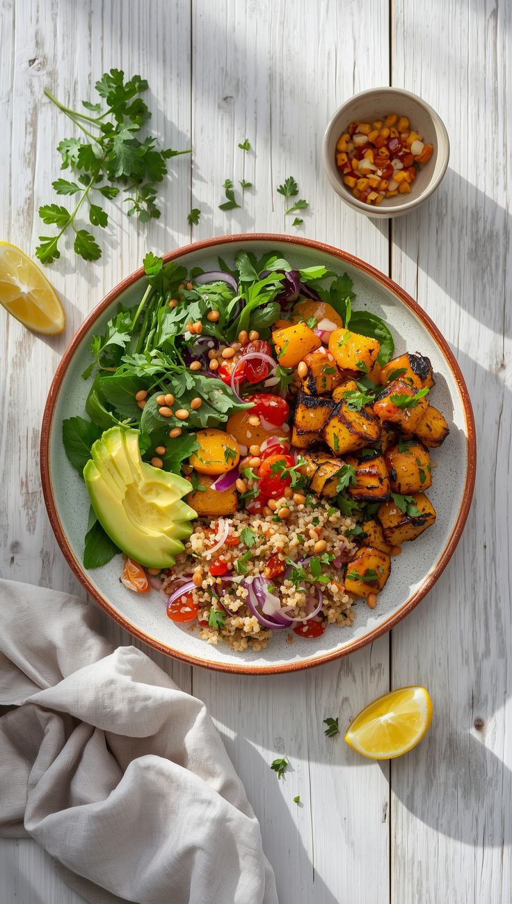 Protein-rich plant-based bowl with quinoa, chickpeas, roasted sweet potatoes, greens, and avocado for muscle-building nutrition.