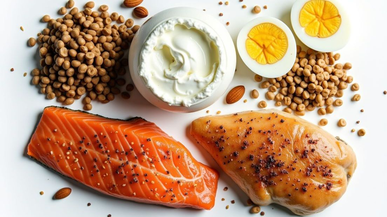 High-protein foods including salmon, chicken breast, eggs, Greek yogurt, legumes, and nuts, illustrating protein-rich nutrition for women over 40 to support muscle maintenance and healthy aging.