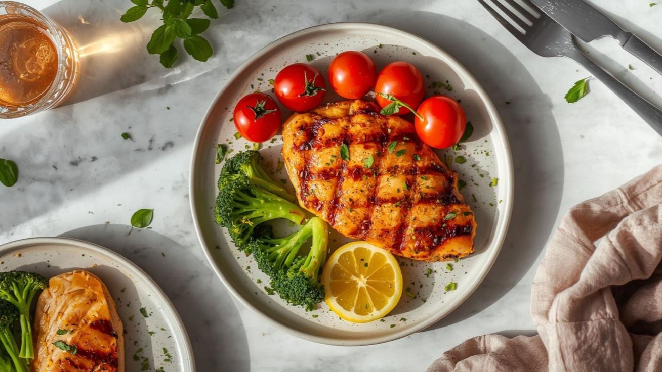 Protein-rich meal featuring grilled chicken breast, broccoli, cherry tomatoes, and lemon, illustrating the role of dietary protein in supporting muscle growth and strength training.