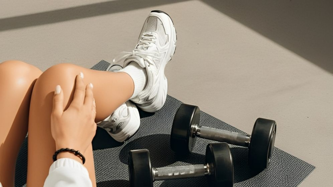 Woman seated on a workout mat beside dumbbells, highlighting foot and lower-body strength training for improved leg stability, balance, and muscle function.