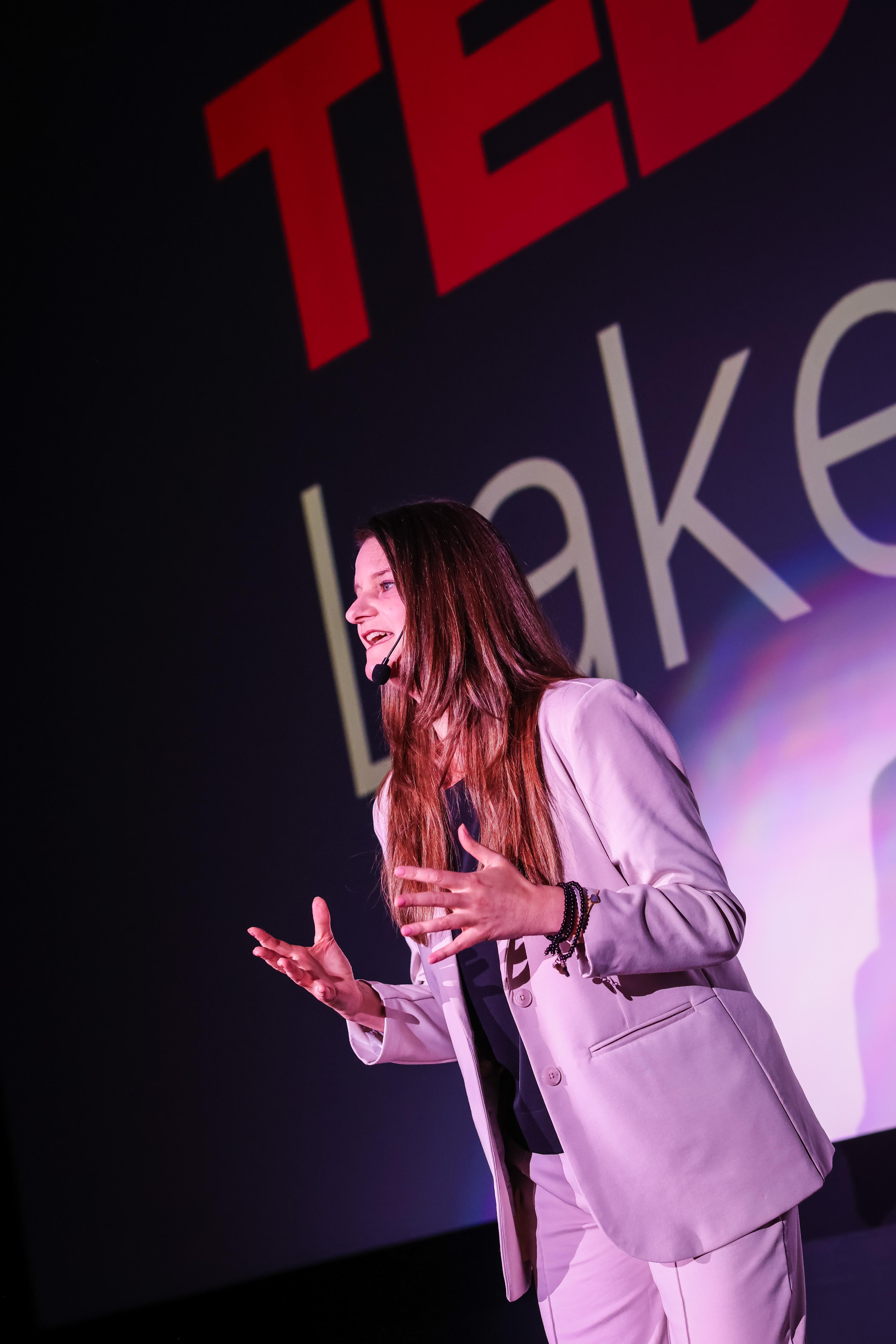 Angélique speaking on the TEDx Lake Charles stage